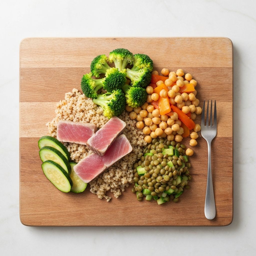 Näringsrik mat med proteiner, grönsaker och helkorn